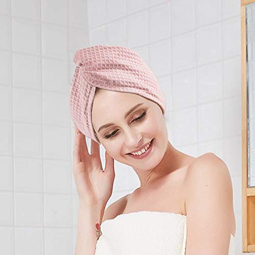 Foto von HBselect 3stk Haarturban 390 GSM Mikrofaser Handtuch schnelltrocknende Sauna Handtücher Haarkur Tockene Haare Kopfhandtuch mit Knopf (Rosa Grau Hellbraun)