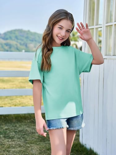 Image of Haloumoning Girls Short Sleeve T-Shirts | Kids, Summer,girls shirts,versized t shirts,Girls T-Shirts,Oversized Tops, Casual Crewneck, Basic Tees 5-14Y