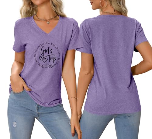 Girls Trip T Shirts for Women 2025 Funny Vacation Travel Shirt V Neck Short Sleeve Tee Besties Weekend Matching Shirts4