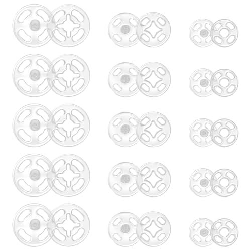 TIESOME Plastic Sew-on Snap Buttons 36 Sets 3 Sizes Invisible Sew on Press Buttons Kit Round Clear Snap Fasteners Button for Shirts Sewing Clothing DIY Craft(7.5mm 10mm 12.5mm)