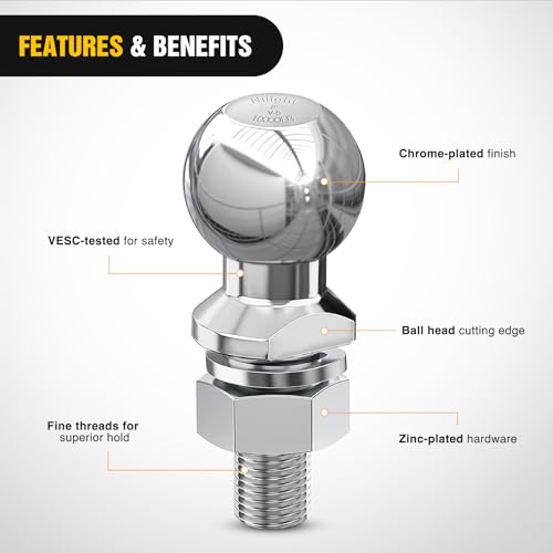 Image of Nilight 2-Inch Diameter Chrome Trailer Hitch Ball, 10,000 lbs, 1-1 /4 x 2-5 /8-Inch Shank Universal Fit,Gray