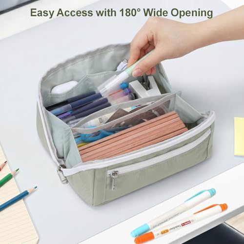 Image of Large Pencil Pouch - 8 Compartments, Wide Handle Organizer Bag | Wide Open Pen Bag, Flexible Dividers & Side Pockets, Handle, 900D Fabric, College Supplies for Teens, Green