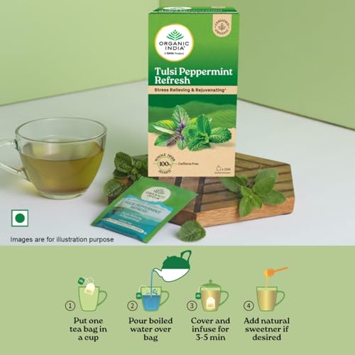 Image of ORGANIC INDIA Tulsi Peppermint Refresh 25 Tea Bags || Stress Relieving & Rejuvenating || Feeling Refreshed || Tulsi Tea - 25 Tea Bags