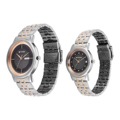 Image of Titan Bandhan Eternal Pair Analog with Date and Black Dial Dual Tone Stainless Steel Strap Watch for Couples - 19672967KM01