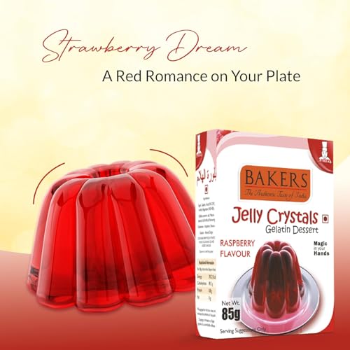 Image of BAKERS Jelly Crystals (Gelatin Dessert) | Strawberry Flavour | Authentic Strawberry Flavor | Easy-to-make | Instant Dessert Premix | No Sugar Needed | Pack of 4 (85 gm x 4)