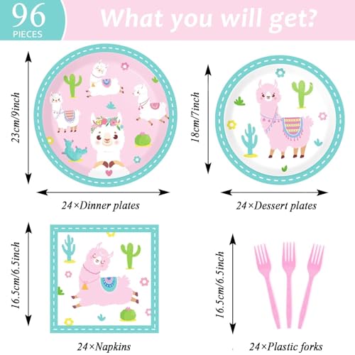 Image of ZOIIWA 96 Pcs Llama Birthday Party Supplies for 24 Guests Alpaca Llama Birthday Plates Napkins Tableware Party Decorations Mexican Cactus Dinnerware Favor for Kids Girls Baby Showers