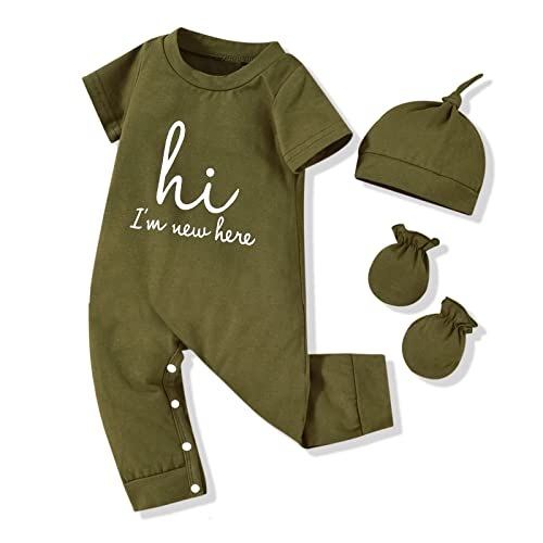 Image of HINTINA Newborn Baby Boy Romper Coming Home Outfits Letter Printed Jumpsuit Hat Glove Outfits