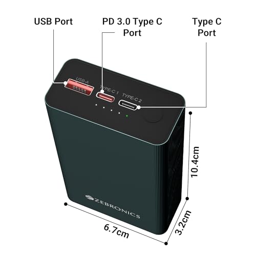 Image of ZEBRONICS EnergiTank 20MR1, Metal Power Bank, 20000 mAh, 22.5W Super Fast Charging PD 3.0 (PPS), Dual Type C & USB Port, LED Indicator, for iPhone, Android, Tablets, Airpods (Olive)