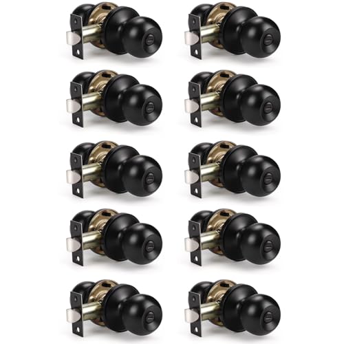 KNOBWELL Matte Black Privacy Door Knob, Interior Bedroom Bathroom Door Knobs with Lock, 10 Pack