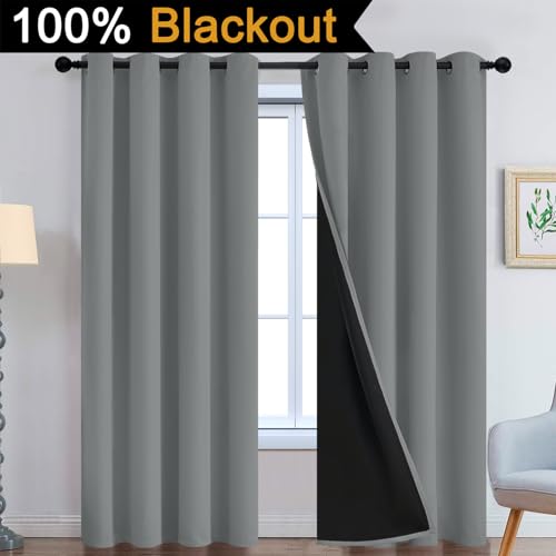 Image of Yakamok Dove Grey 100% Blackout Curtains 96 Inches Long 52 inch Wide 2 Panel | Blackout Curtain Panels for Bedroom, 2 Thick Layers Grommet Top Thermal Insulated Drapes with Black Liner for Living Room