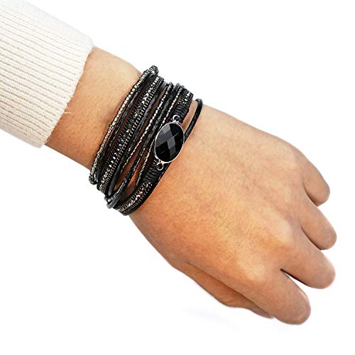 Suyi Women Wrap Bracelet Multilayered Leather Braided Bangle Wrist Cuff Bangles With Magnetic Buckle Black #TOP5