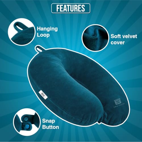 Image of CRAE Travel Neck Pillow for Men & Women | Soft Fibre Cushion for Flight, Car & Train | Soft Velvet Fabric with Attachable Snap Strap | Cervical Support for Neck Pain Relief.Pack of 1(Lagoon Blu)