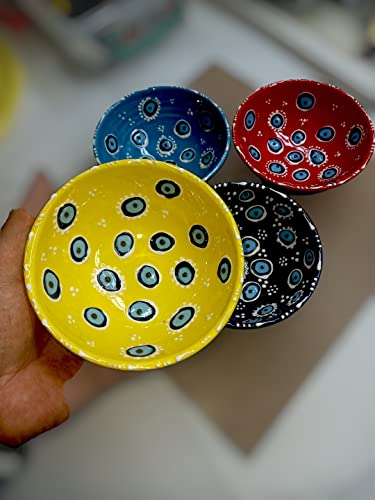 New Model Eye Eye Patterned Custom Design 4 Super Colors Round Shaped Hand Painted Ceramic Snack Bowl Decorative Evil Eye Design Cute Set - Pinch Sauce Dip (Red-Yellow-Dark Blue-Light Blue) #TOP5