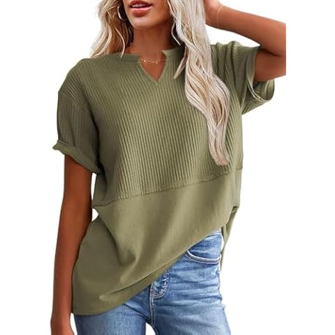 SHEWIN Womens Spring Fashion 2025 Casual Short Sleeve Shirts Trendy Solid Color V Neck Tee Shirt Summer Ladies Tops and Blouses,US 12-14(L),Green Cover