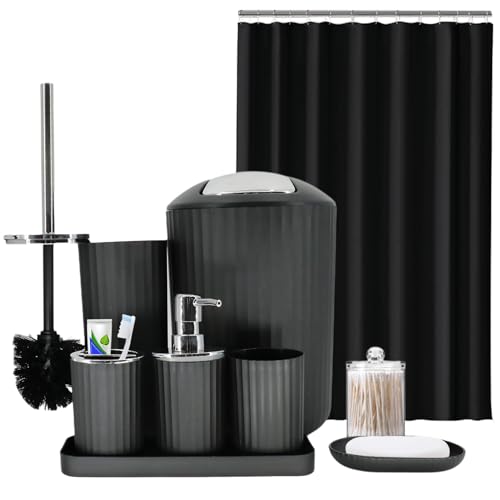 Black Bathroom Accessories Set 10Pcs Bathroom Accessory Sets Complete with Trash Can Shower Curtain Vanity Tray Soap Dispenser Soap Dish Toothbrush Holder&Cup Toilet Brush&Holder Qtip Holder