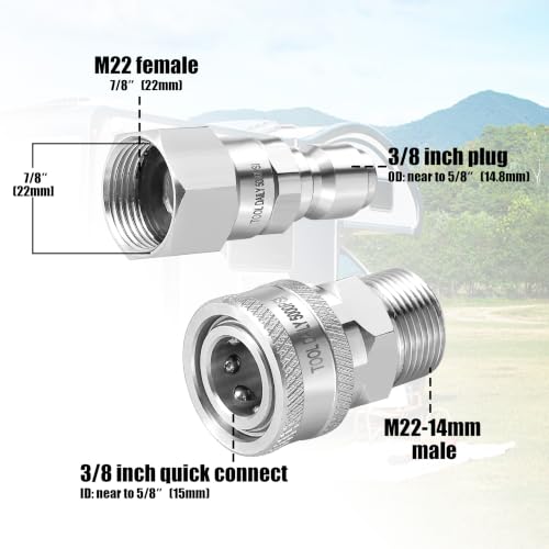 Image of Tool Daily Pressure Washer Swivel Adapter, M22 14mm to 3 /8 inch Quick Connect | Stainless Steel Quick Connect Swivel Fittings for Power Washer Hose, 5000 PSI, 2 Pack