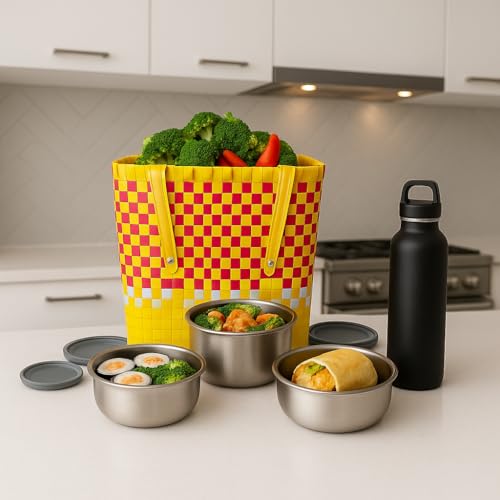 Image of Hand Made Multipurpose Plastic Basket with Lid | Eco-Friendly, Washable, Rust-Free Storage Basket for Kitchen, Picnic, Toys, Travel, Office | Lightweight basket (Yellow with Pink, XL)