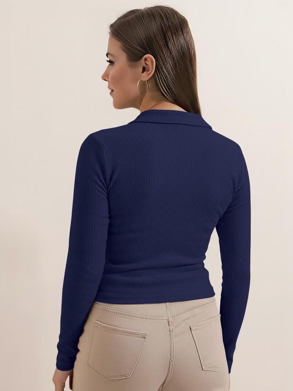 Image of Dream Beauty Fashion Women's Collared Neck Long Sleeve Slim Fit Casual Tee Top, 23 inch inches (Apple-01-P)
