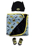 BATMAN Baby Boys Blanket, Hat, and Socks Set Baby Plush Polar Fleece Blanket 35x35 Baby Gifts (Black/Yellow, 0-12 Months)