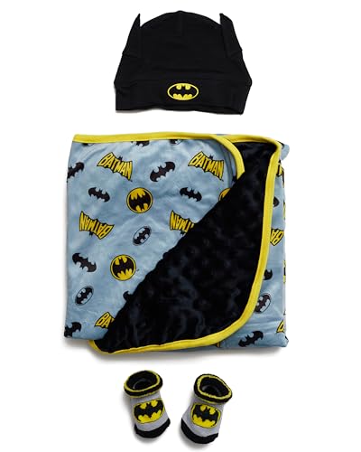 Image of BATMAN Baby Boys Blanket, Hat, and Socks Set Baby Plush Polar Fleece Blanket 35x35 Baby Gifts