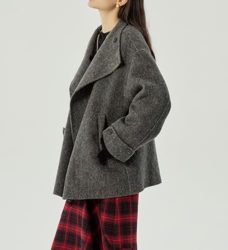 chouyatou Womens Winter Stand Collar Wool Trench Coat Single Breasted Blazer Jacket Coat Loose Outerwear3