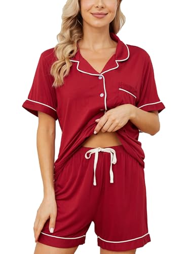 Image of Womens Pajama Sets Short Sleeve Sleepwear Soft Button Down Nightwear Lounge Pj Set XS-XXL