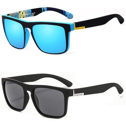 Teouuas 2 Piezas Gafas de Sol, UV400 Protección Gafas Sol, Polarizadas Hombre Mujer, Sunglasses Marco Súper Ligero, Sunglasses Men para Conducir, Ciclismo, Alpinismo, Vacaciones (Negro, Azul)
