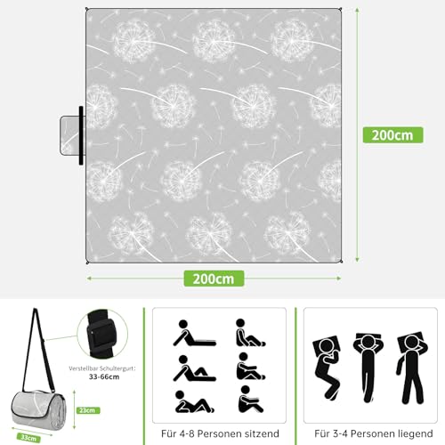 HAUSPROFI Picknickdecke, Wasserdicht XXL Stranddecke, Strandmatte, Picnic Blanket, Campingdecke mit Erdnägel, Tragegriff und Schultergurt für Outdoor, Picknick, Garten, Strand, Camping-200x200cm, Grau