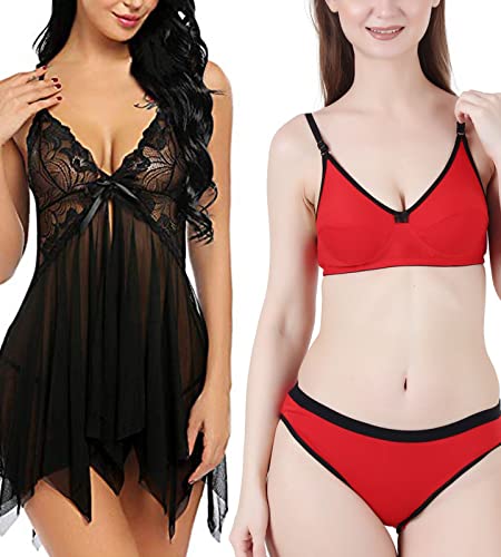 Image of Love Maker Babydoll Lingerie Bra Panty Set Undergarments for Women Honeymoon Nighties Small to 3XL