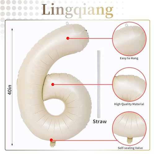 image for Lingqiang Cream Number Balloons, 40inch Large Beige Number 6 Foil Myla