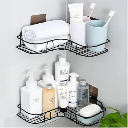 Image of HOUZA Bathroom Corner Rack - Durable, Strong Self-Adhesive Metal Organizer with No Drilling Needed - Rustproof, Quick & Easy Installation for Shower, Kitchen & Toilet Area (Set of 2)
