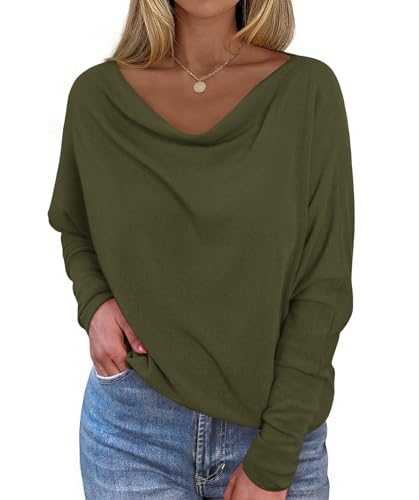 Okiwam Women's Fall Tops Long Batwing Sleeve Shirts Boat Neck Off The Shoulder Loose Tunic Blouses 2025 Fashion Clothes