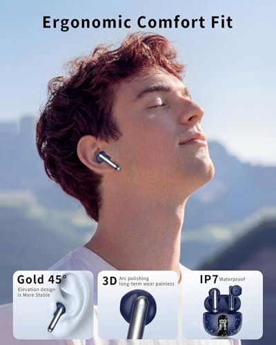 Image of Wireless Earbuds, 2026 Bluetooth 5.4 Headphones Bass Stereo Ear Buds with Noise Cancelling Mic, LED Display in Ear Earphones 50H Playtime Ear Buds, IP7 Waterproof for Laptop Pad Phones Pure Blue