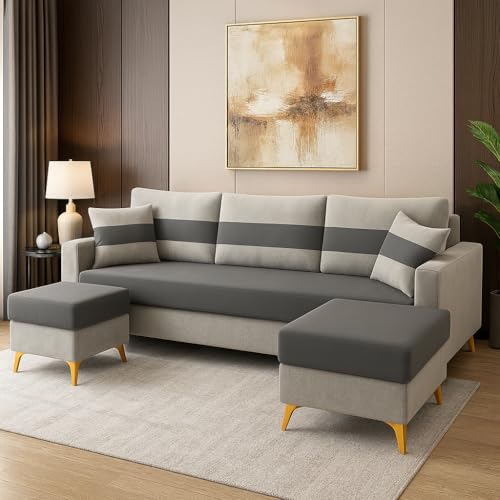 Image of SOCOZI Bastian 5 Seater L Shape Sofa Set with 2 Movable Ottomans | Flexible Layout| Soft Velvet Suede Fabric|Modern Sofa | Plush Comfort Cushions for Living Room (Light Grey-Dark Grey)