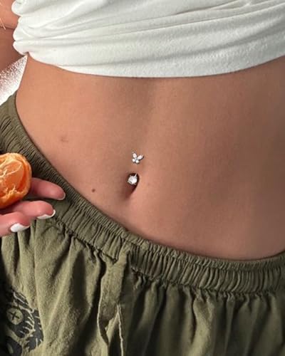 COCHARM 14G Butterfly Belly Button Rings Stud Silver Belly Navel Rings for Women Clear Belly Piercing Jewelry Stainless Steel2