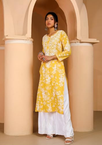 Image of GoSriKi Cotton Blend Embroidered Straight Kurta for Women | Cotton Blend Pink | 3 /4 Sleeve | Round Neck V-Slit | Ethnic Wear Casual Wear