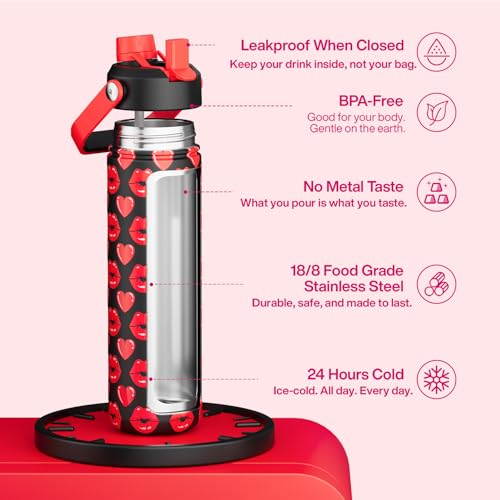 Image of ENCOOL Insulated Water Bottle with Straw Stainless Steel Water Bottle, Leak-Proof, BPA-Free, Keeps Cold for 24 Hours for Sports, Travel, School (26 oz, Kiss Hearts Red x Black)