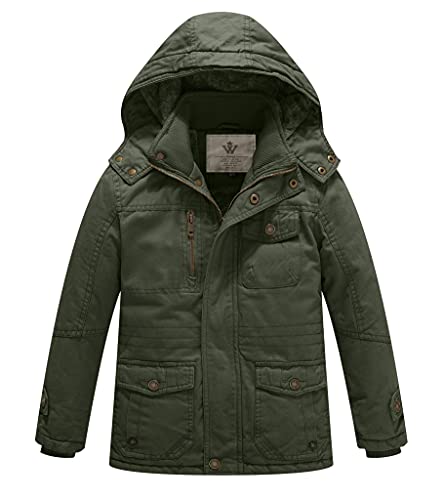 WenVen Boy s & Girl s Cotton Thicken Jacket with Hood, Army Green, 10-12