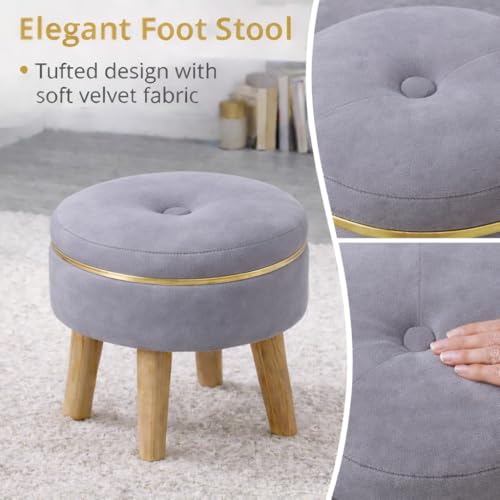 Image of Ottoman Stool for Living Room Foot Rest | Velvet Small Ottoman Foot Stool | Solid Wood Legs | Footstool Puffy for Home, Bedroom & Makeup Table | 30 x 30 cm (12 x 12 Inch) | Grey