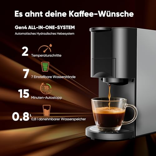 Gidgimo 5 in 1 Kapsel Kaffeemaschine für NES/DG/K-CUP/ESE(44mm)/Gemahlener Kaffee, 1450W 19 bars Kaffeestärkewahl Kapselmaschine, Kaffeemaschine Kapseln mit 0,8 L Wassertank für Zuhause und Büro – Bild 5