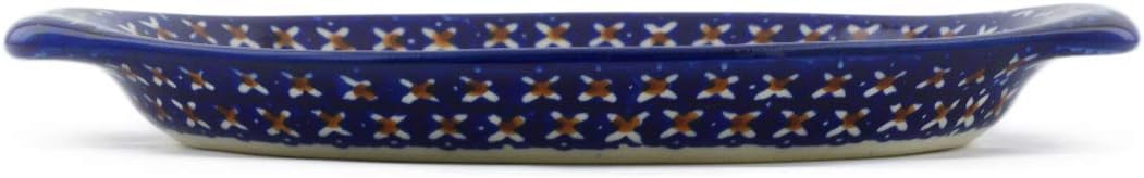 Polmedia Polish Pottery Tray with Handles UNIKAT - Blue Cress Pattern Handmade in Boleslawiec Poland by Ceramika Bona + Certificate of Authenticity