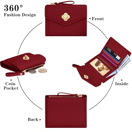 BIAOTIE Small Wallet for Women Leather Bifold Pocket Wallet RFID Blocking Credit Card Holder Cute Purse with Zipper Coin Pocket (Red)4
