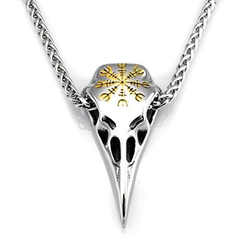 Collier viking en acier inoxydable avec crâne de corbeau et gouvernail of awe.