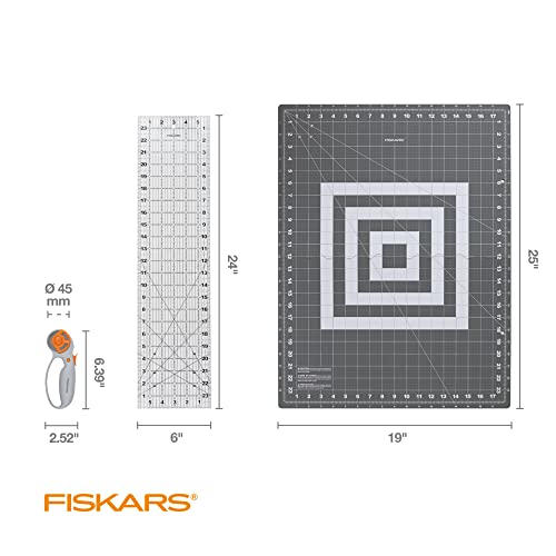 Fiskars Rotary Cutter 3-Piece Set - 45Mm Blade Rotary Cutter For Fabric, Self Healing Cutting Mat, And Sewing Ruler - Craft Supplies - White/Grey #TOP1