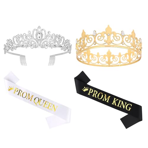 KEUKORZ King and Queen Crown Set for Men Women Prom Queen Sash and Prom King Sash Tiara Set for Graduation Birthday Hallowween Wedding Pageant