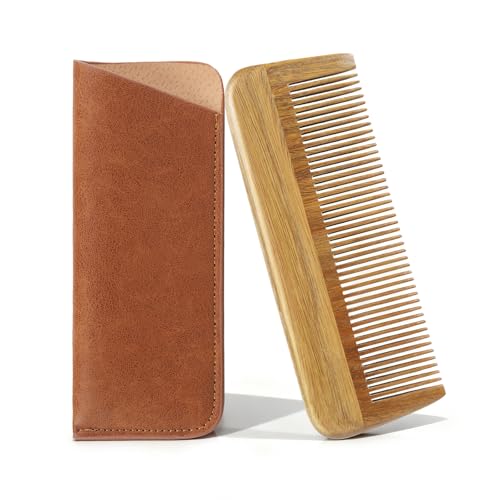 Onedor Peigne bois santal vert 100% naturel fait main homme barbe moustache étui cuir court
