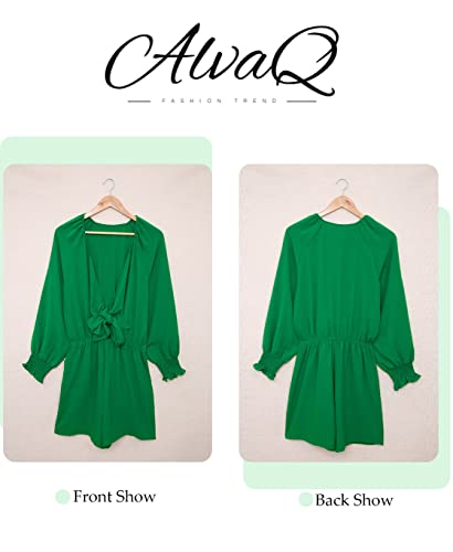 Alvaq Jumpsuits For Women Plus Size Spring Summer Tie Knot Front Sexy V Neck Mini Dress Green Romper For Women,Green,Small #TOP7