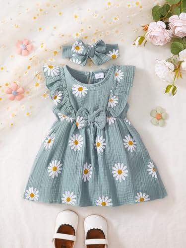 LUJENGEFA Baby Girl Dress Summer Outfits Clothes Casual Cotton Linen Ruffle Sleeveless Sundress Green 3-6 months — view 5