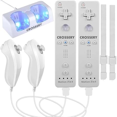 Wii Remote and Nunchuck Controller Bundle with Charging Dock - 2 Pack Motion Plus Remotes, 2 Nunchucks, 1 Charging Station, Compatible with Nintendo Wii & Wii U - White Cover