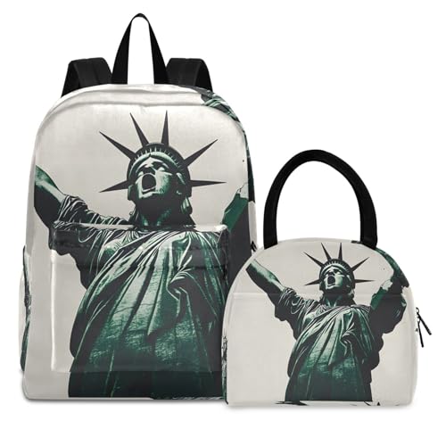 Backpack Lunch Box Set Large Capacity Travel Backpacks and Insulated Lunch Bag for Commute Hiking Picnic Statue Of Liberty Print